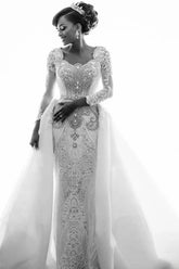 Luxury Long Sleeves Detachable Train Wedding Dresses with Beading and Crystal-27dress